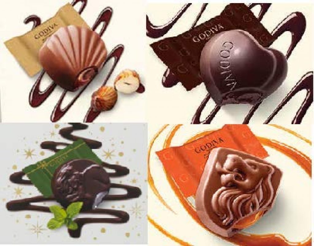 Godiva Chocolatier Masterpiece Chocolates: Caramel Lions, Ganache Hearts, Hazelnut Oysters, and Mint Medallions